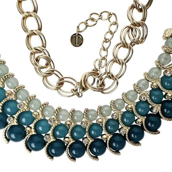 Talbots Beaded Bib Necklace Blue Green Clear Rhinestone Accents Gold Tone Chain - Picture 6 of 13